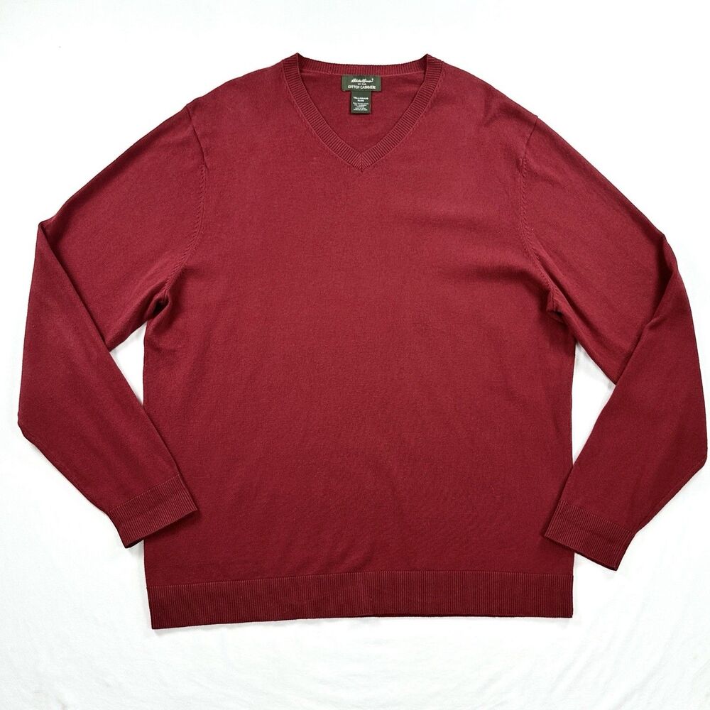Eddie Bauer Cotton Cashmere V-Neck Sweater Mens XLT Tall Red Preppy Minimalist